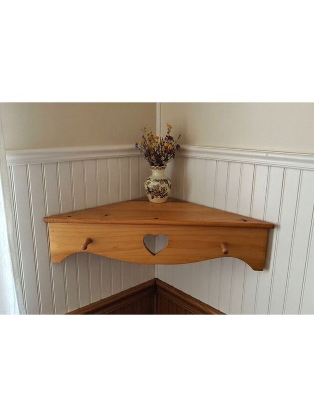 Vintage Country Rustic Wooden Heart Corner Wall Shelf with 2 Pegs 12"x 17"